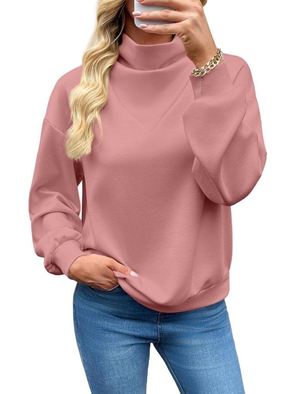 Cozy Mock Neck Pullover Sweatshirt - Fall Cowl Neck Work Top for Women